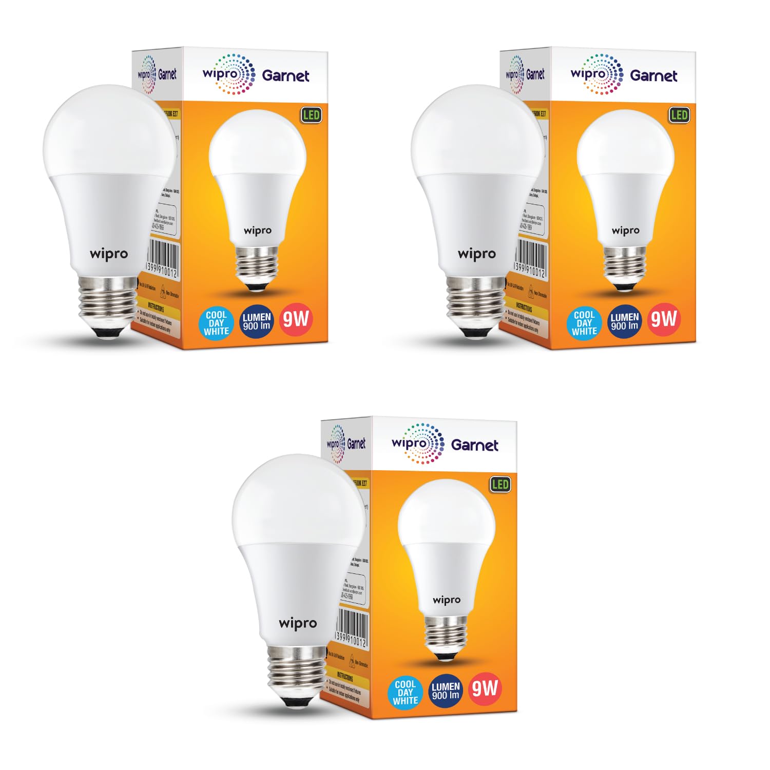 wipro Garnet 9W LED Bulb for Home & Office |Cool Day White (6500K) | E27 Base|220 Degree Light Coverage |4Kv Surge Protection |400V High Voltage Protection |Energy Efficient | Pack of 3