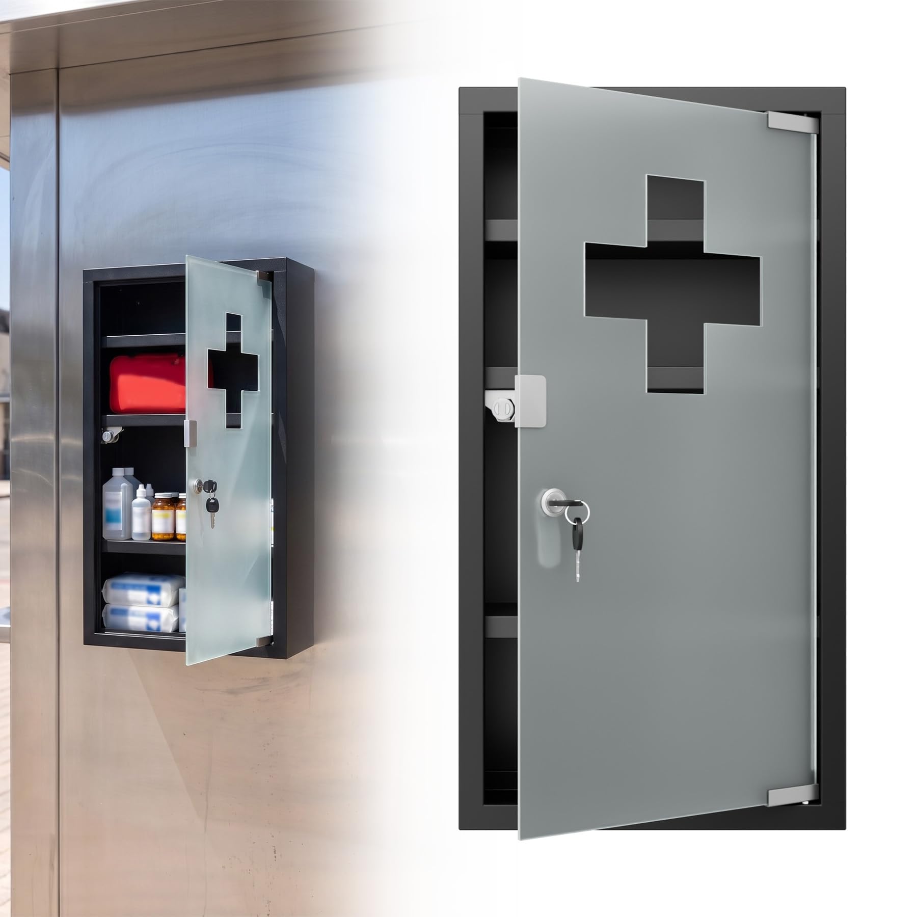 LARS360 Botiquín de acero inoxidable con cerradura para pared, 4 compartimentos, color negro | Con puerta de cristal y cerradura, almacenamiento claro, detección rápida en caso de emergencia, ideal para baño y hogar