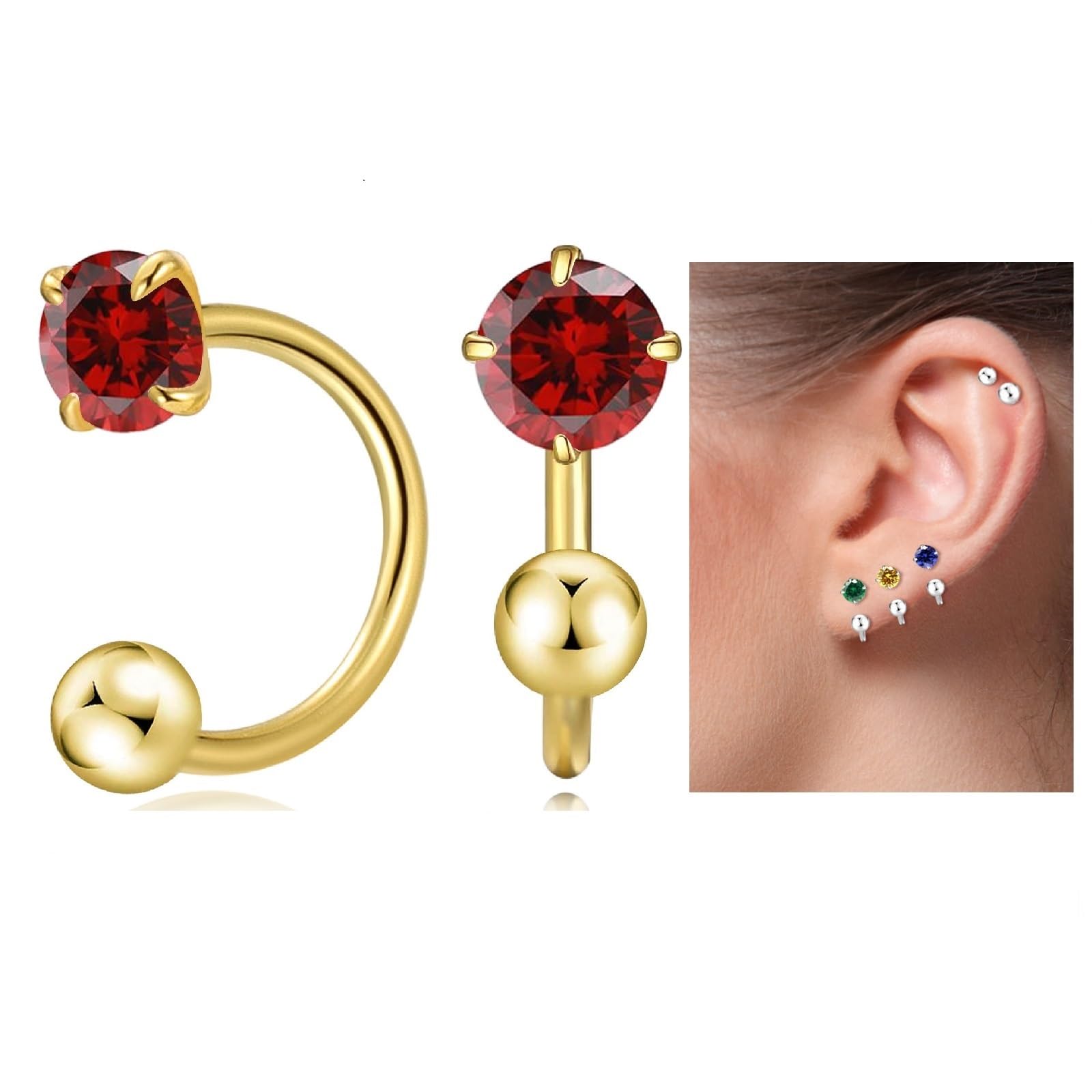 Winzige 3mm Birthstone Ohrringe für Frauen Teenager Mädchen kleine Huggie Hälfte Hoop winzige Knorpel hypoallergene Ohrstecker Schraube Ohrringe (Gold, 1-Granat)