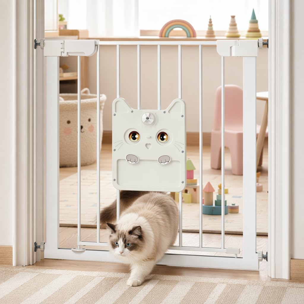 NAIZY Treppenschutzgitter mit katzenklappe 180°Doppeltür Ohne Bohren Schutzgitter Treppe 105-115cm Automatisch Schließendes Hundegitter mit Katzentür,Weiß