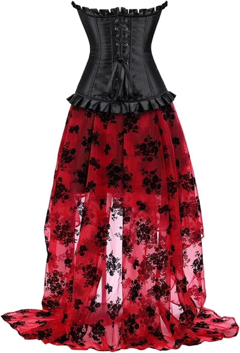 Corset Dress Skirt Long Asymmetry Women Lace pu Bustier Gothic Lingerie Plus Size