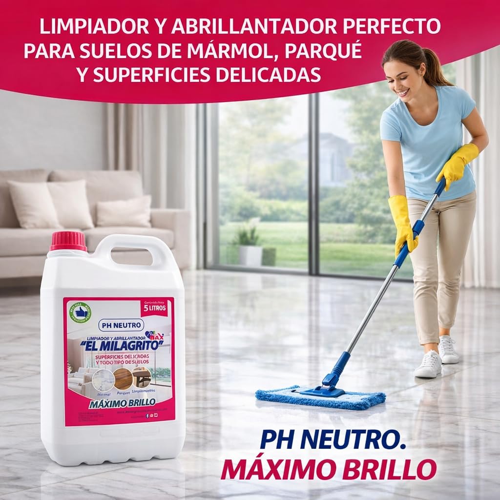 RASMACOR | Pack 3 unidades (15 litros) El Milagrito 5L Limpiador y Abrillantador de Suelos | pH Neutro | Ideal para Mármol, Parquet y Superficies Delicadas | Sin Residuos, Brillo Natural