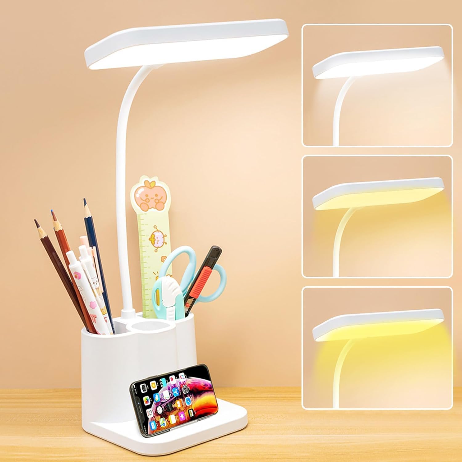 SPORWAY Lámpara de escritorio LED, lámpara de escritorio regulable en 3 colores, lámpara de escritorio para niños, carga USB, lámpara de lectura con soporte para bolígrafo, lámpara de noche de cuello