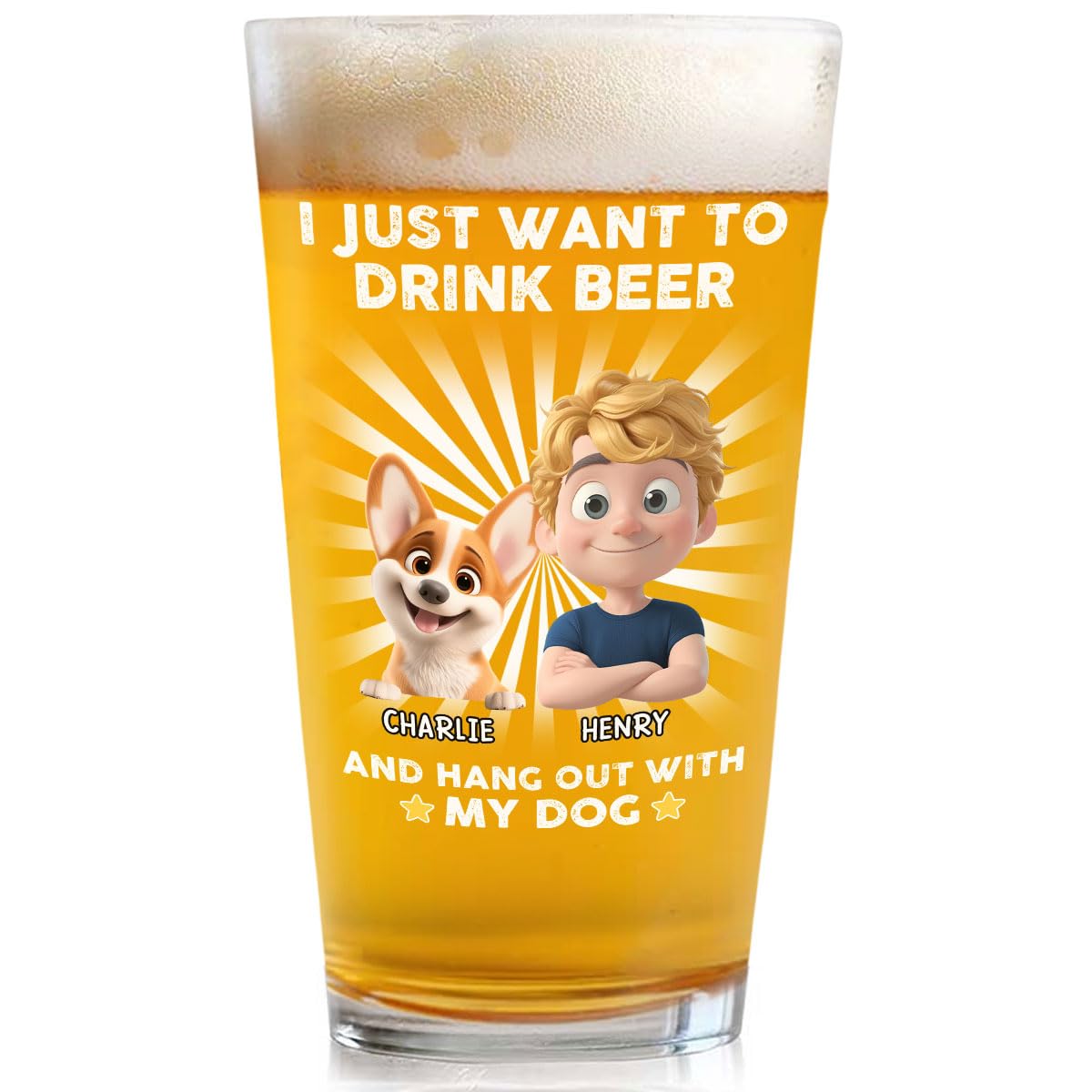 Wrappiness Dog Dad Personalized Beer Glass - I Just Want To Drink Beer and Hang out With My Dog, Cute Cup for Men Pet Lovers, Custom Chibi Art and