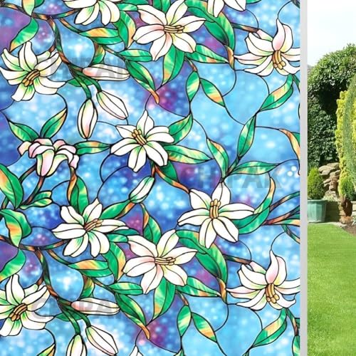 Image of CHIPAK Premium Vinyl Privacy Stained Window Glass Film (24x60 Inch) - Self-Adhesive Decorative Sticker Opaque Sheet Tint Wallpaper for Glass Cover Window, Door, Office.| Anti-UV. Blue Lily Flowers