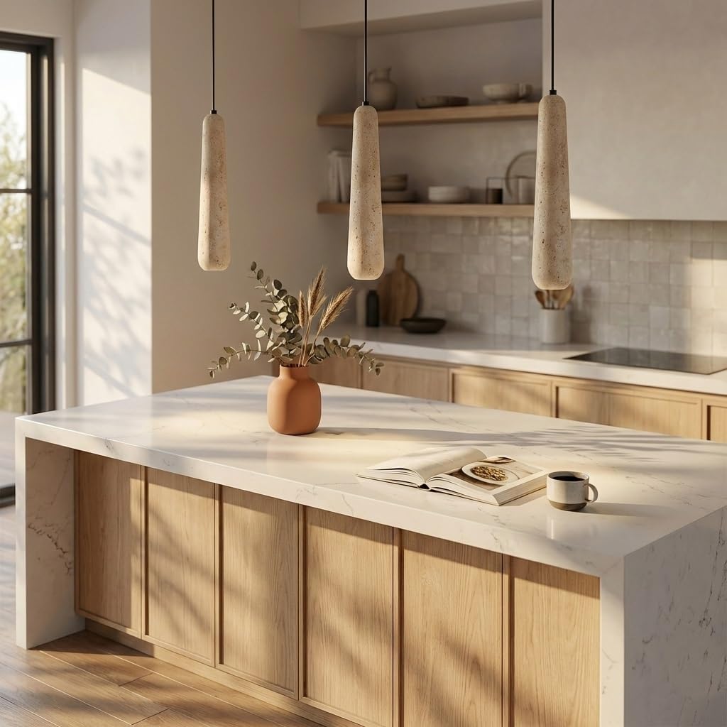 Nordic Travertine Pendant Lights Kitchen Island, Tube Cream Stone Hanging Lamp Set of 3 Minimalist Adjustable Long Chandelier for Dining Room 3000K