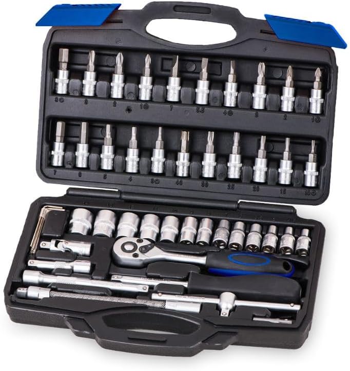 VTOOLS 46-Piece 1/4 Drive Ratchet and Socket Set, Heavy-Duty Mechanic Tools, Precision Sockets and Bits, Ratchet Wrench, Versatile Automotive Repair Kit, Ideal for DIY and Professionals
