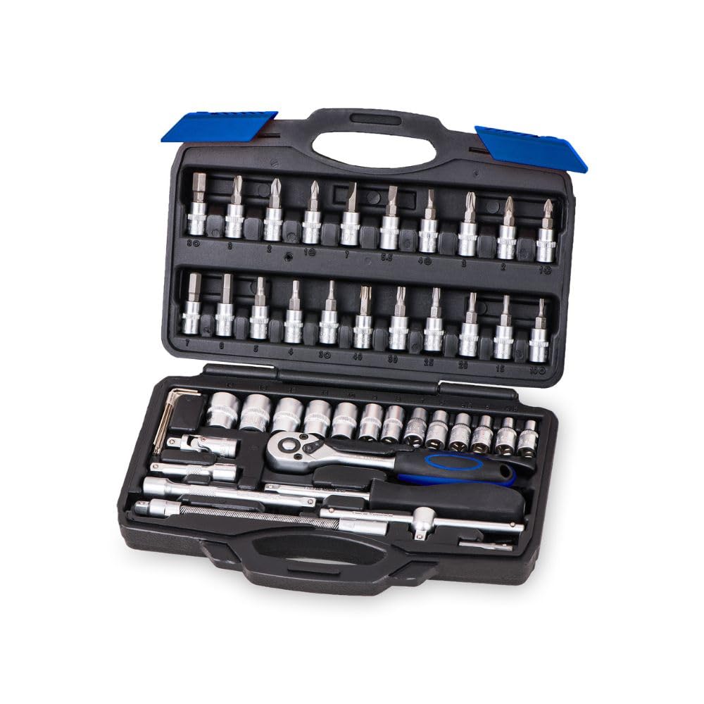VTOOLS 46-Piece 1/4 Drive Ratchet and Socket Set, Heavy-Duty Mechanic Tools, Precision Sockets and Bits, Ratchet Wrench, Versatile Automotive Repair Kit, Ideal for DIY and Professionals