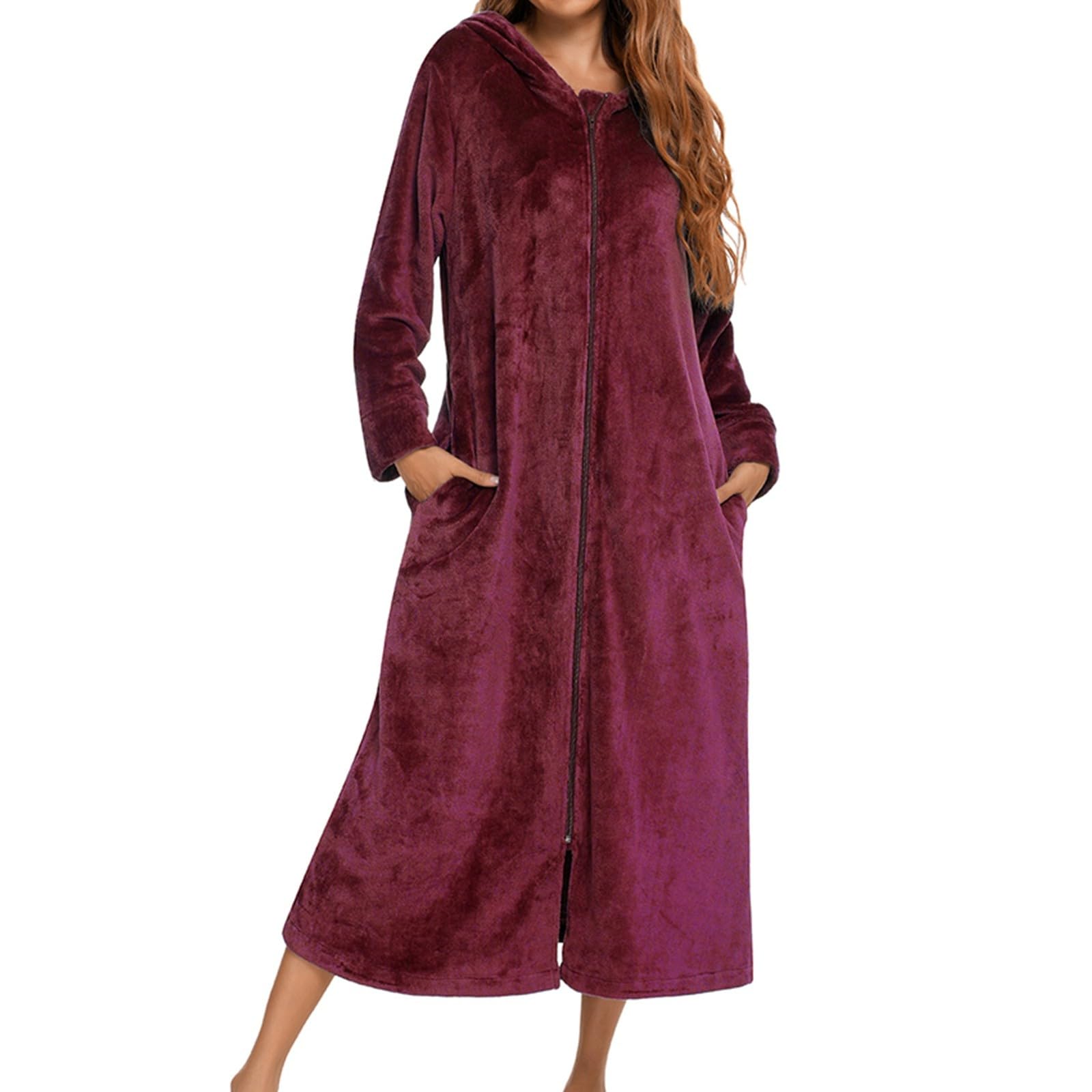 Generisch Peignoir en flanelle à manches longues avec fermeture éclair pour femme - Vêtements de nuit chauds en hiver - Idéal comme cadeau