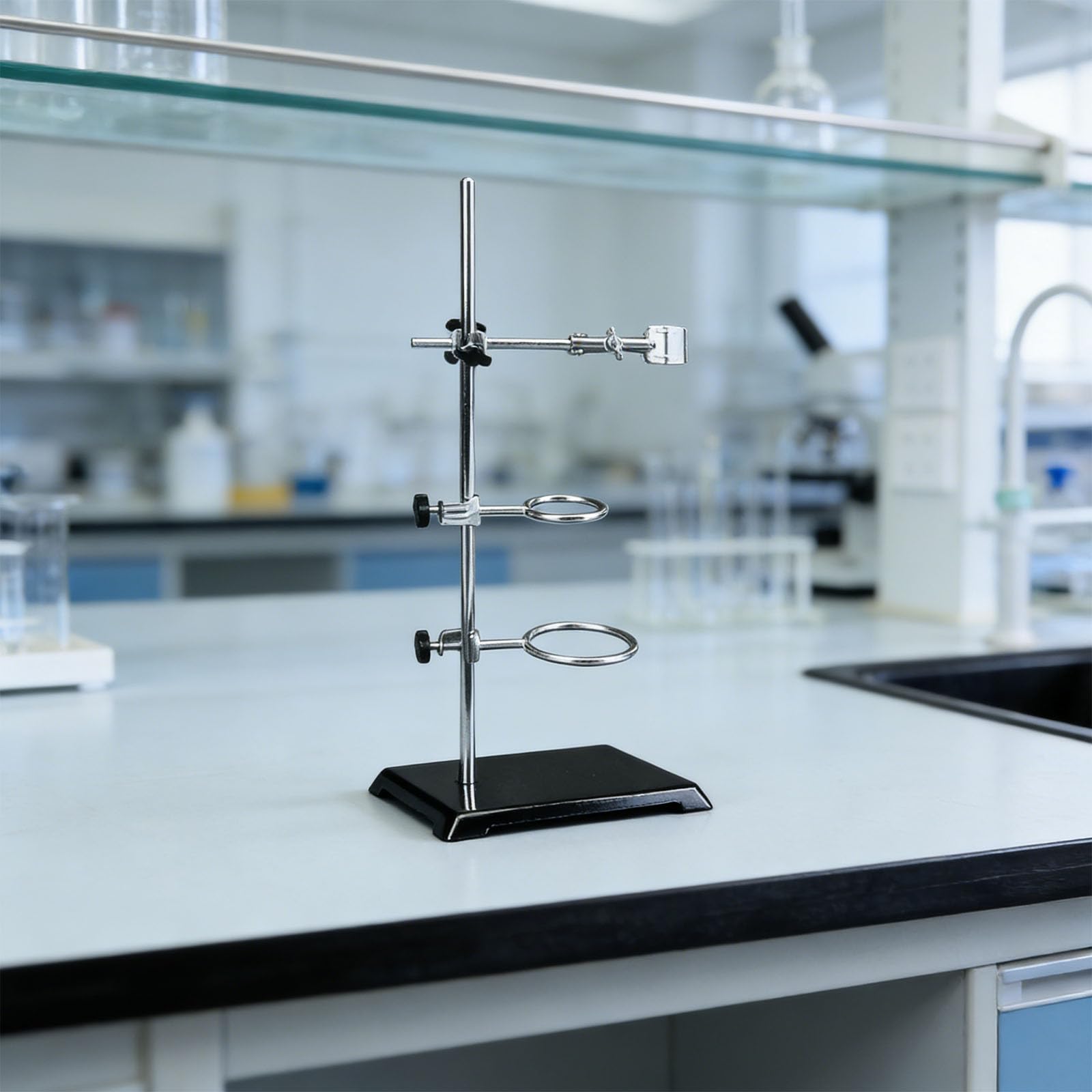 Soporte de laboratorio 35 cm para experimentos de química con superficie inoxidable y abrazaderas de apriete