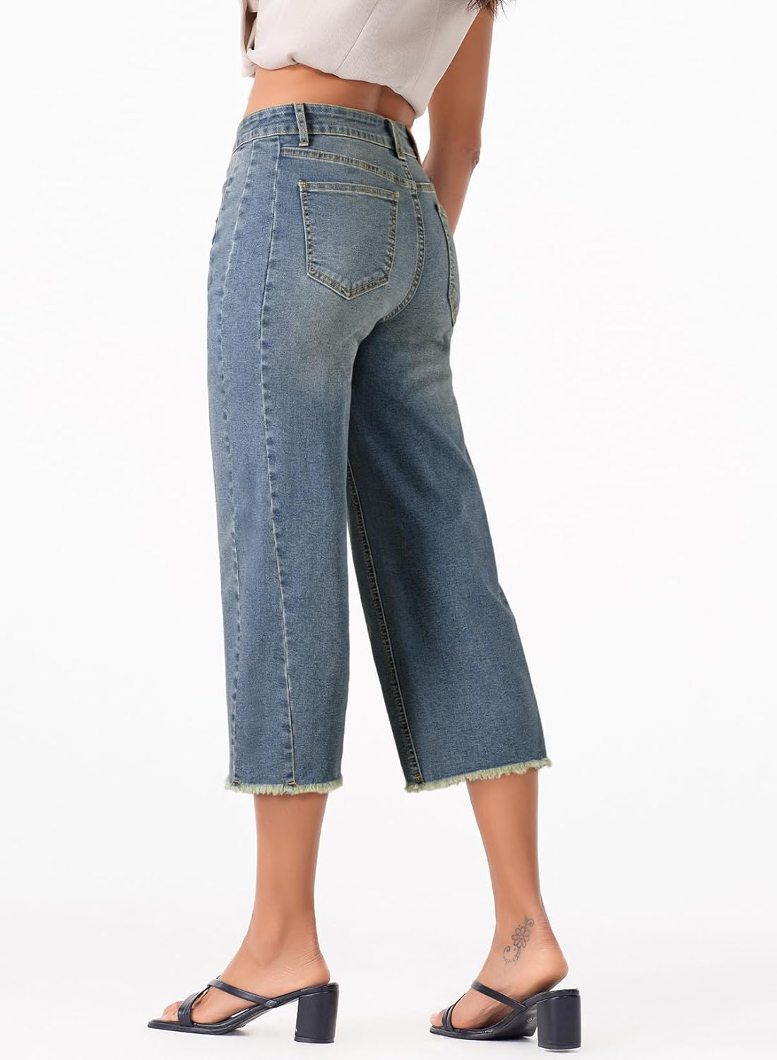 Sidefeel Women's Capri Jeans High Waisted Wide Leg Stretchy Raw Hem Side Seam Zimbaplatinum Denim Pants - Image 2