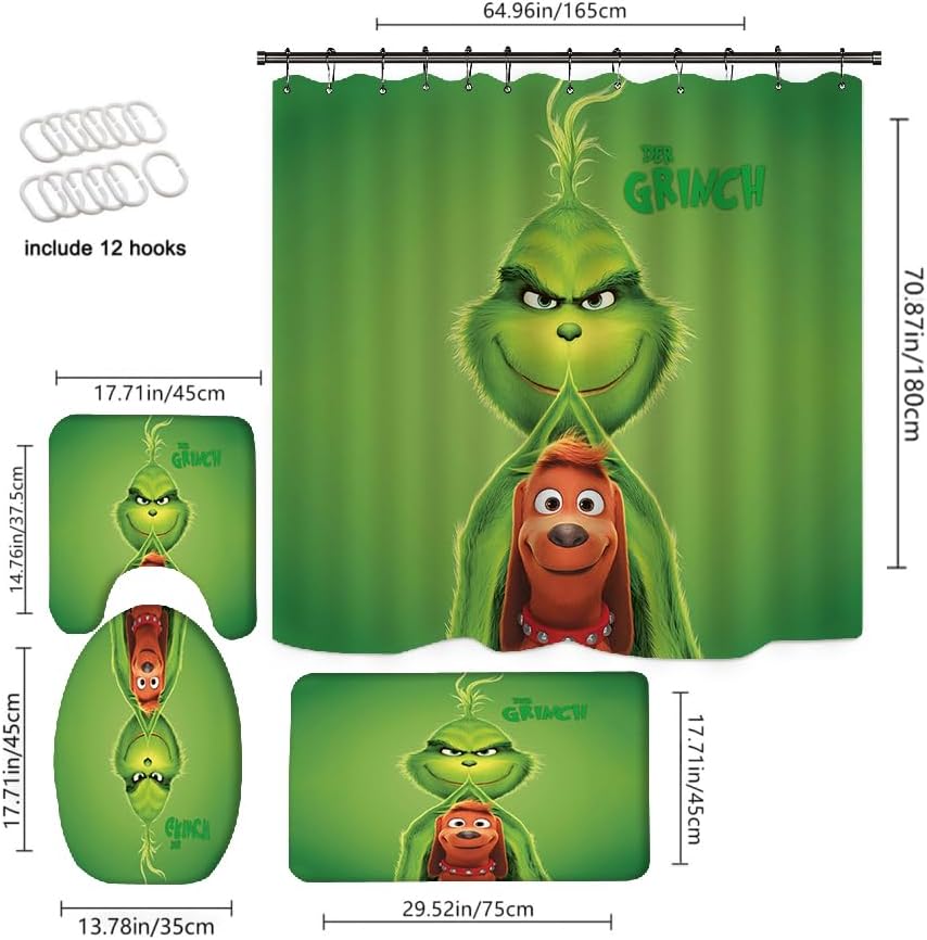 Miniatura 3 de Juego de 4 cortinas de ducha con alfombra antideslizante, cubierta para tapa de inodoro, tapete de baño y 12 ganchos, juego de cortina de ducha