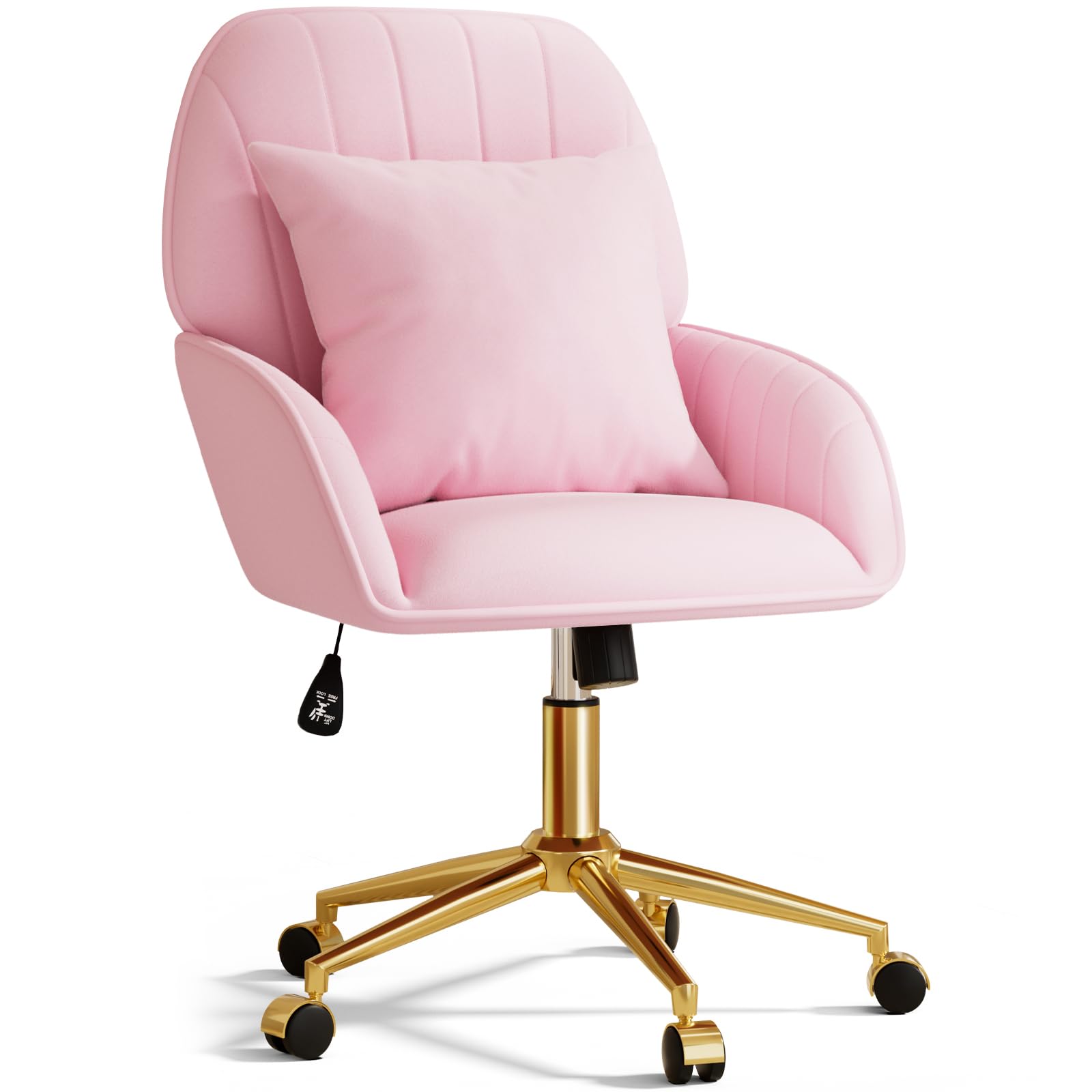 Pink Velvet Desk Chair with Pillow, Upholstered Home Office Desk Chair Makeup Vanity Chair with Swivel Wheels, Ergonomic Office Chair Computer Task