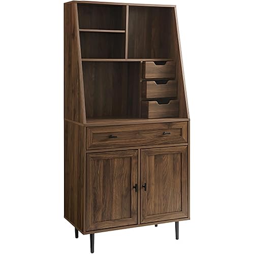 Walker Edison Secretary Hutch Wood Desk with Keyboard Drawer Bookshelf Storage Home Office Storage Cabinet, 64 Inch, Dark Walnut