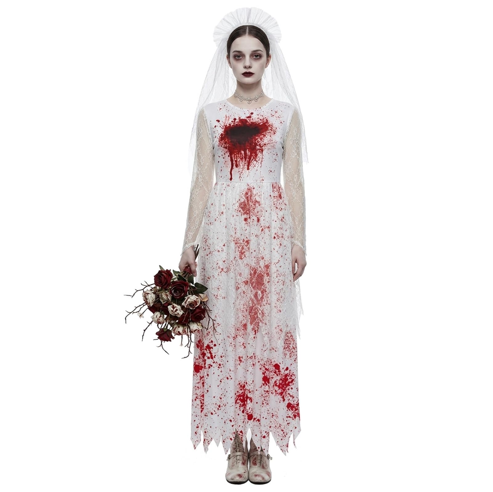 Costume da Sposa Fantasma Donna con Macchie di Sangue, Abito da Cosplay e Set di Accessori per Capelli per Festa di Halloween, Costume di Carnevale