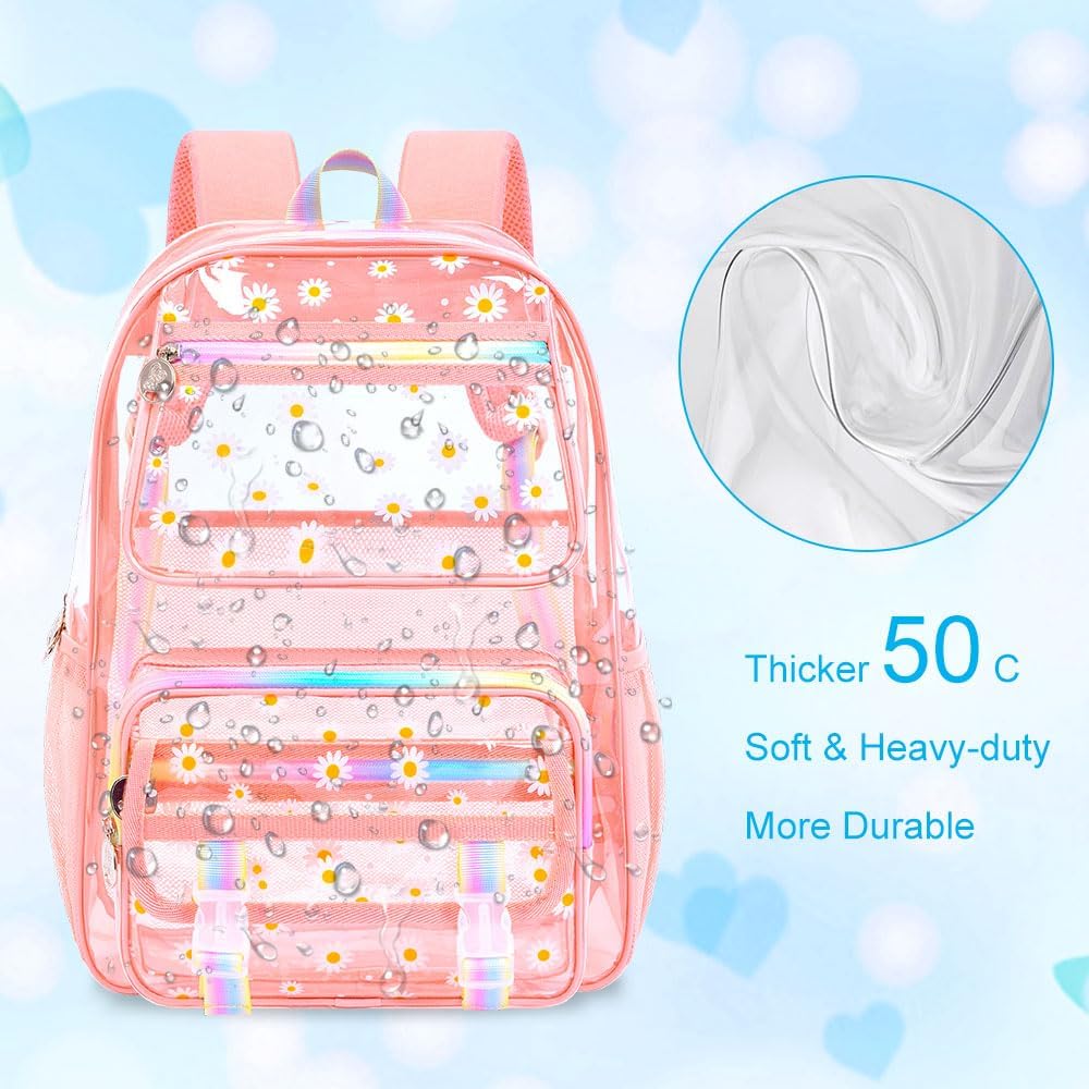 KLFVB Clear Backpack Heavy Duty, 3PCS Girls See Through School Bag Set, Cute Transparent Bookbag for Women - Chrysanthemum Pink