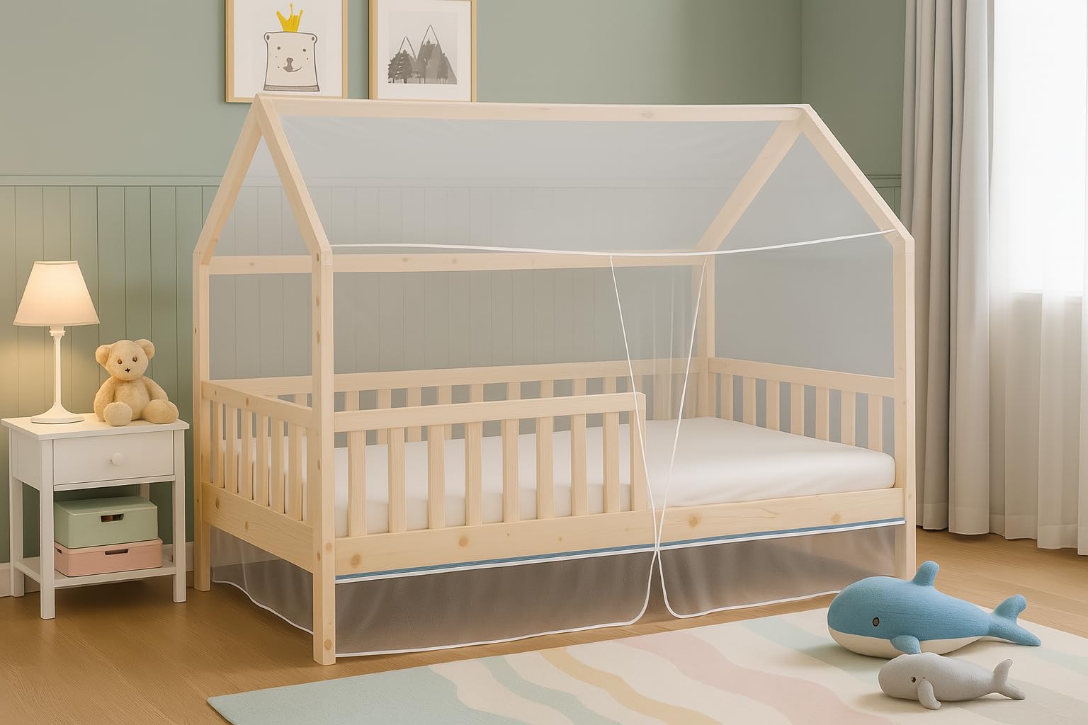 Letto Casetta, Zanzariera Integrale per Letto Bambino 90x190 cm - Attenzione solo Tetto a forma di tenda - Protezione Anti-Insetti - Discreta e Rimovibile