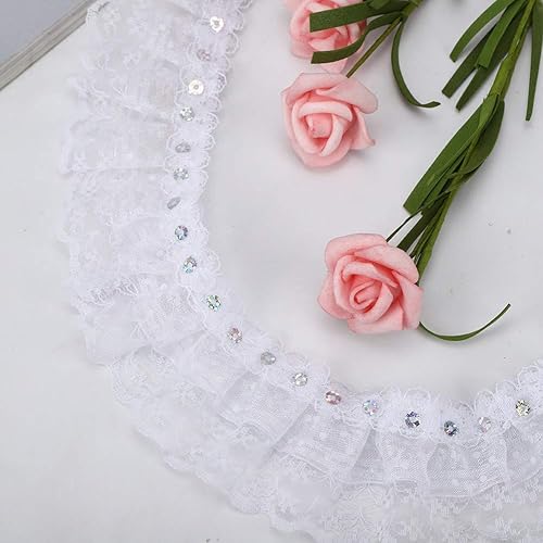 Miniatura 5 de Cinta de encaje DIY, 5 yardas, multicolor, 1.772 in, impresión de puntos, plisados, de malla, de encaje, lentejuelas bordadas, manualidades (blanco)