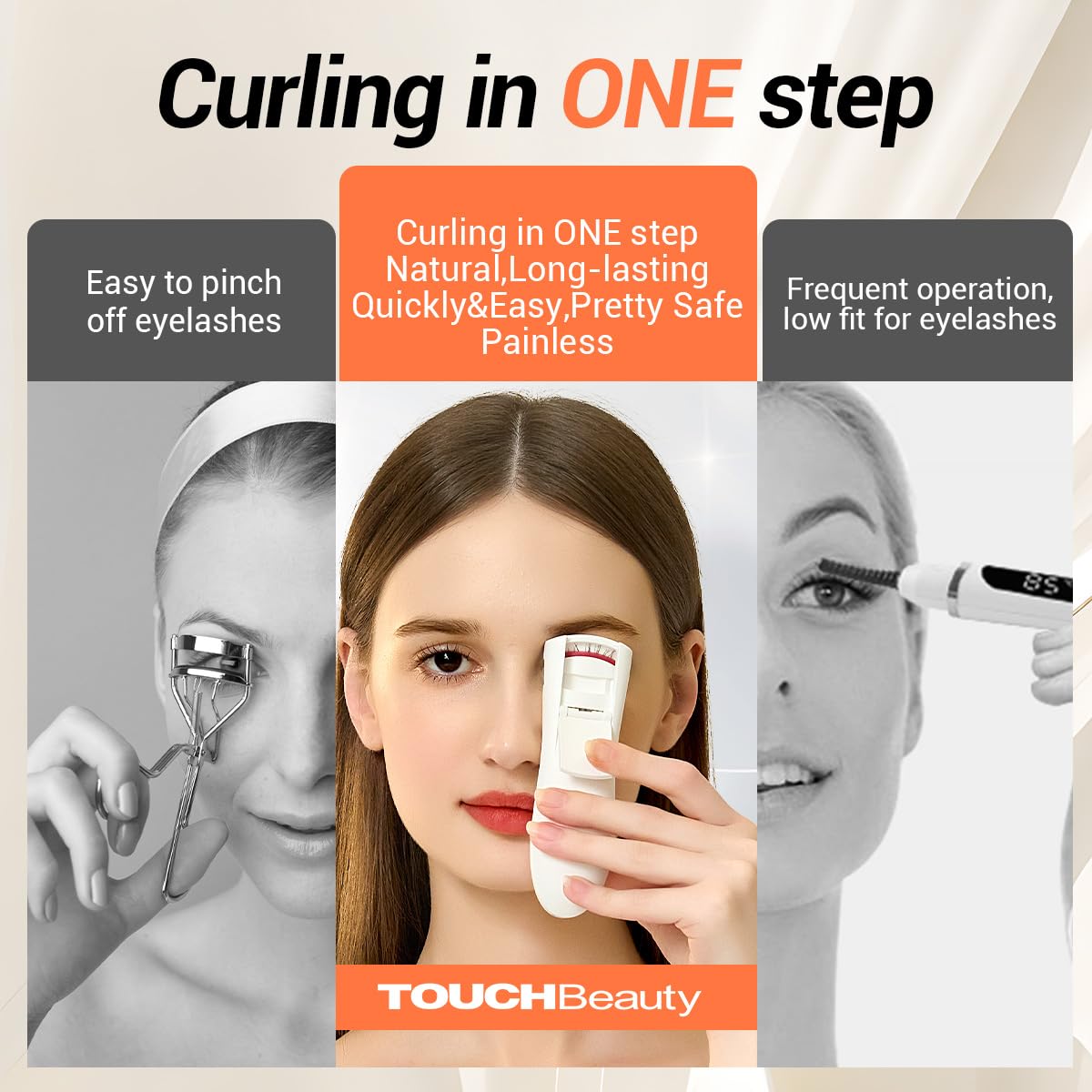 TOUCHBeauty Rizador de pestañas climatizado con indicador LED, rizador de pestañas eléctrico con 3 ajustes de temperatura, oscilación natural con silicona térmica, calentamiento rápido de 10 segundos