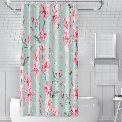 Shower Curtain with Hook Vintage Spring Garden Flower Cherry Peach Pear Cherry Apple Butterfly Plant Branch 36x72 Inch Stall Size Bathroom