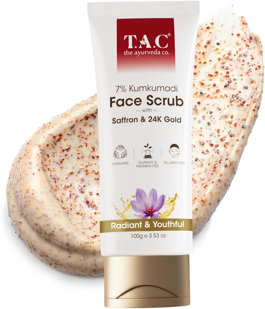 T.A.C 7% Kumkumadi Face Scrub Gentle Exfoliation for Glowing Skin Tan, Blackheads & Whiteheads removal with Natural Walnut Shell Granules for Women & Men, All Skin Types, 100g