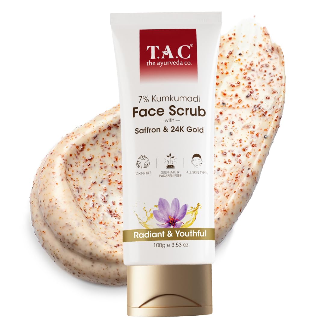 T.A.C 7% Kumkumadi Face Scrub Gentle Exfoliation for Glowing Skin Tan, Blackheads & Whiteheads removal with Natural Walnut Shell Granules for Women & Men, All Skin Types, 100g