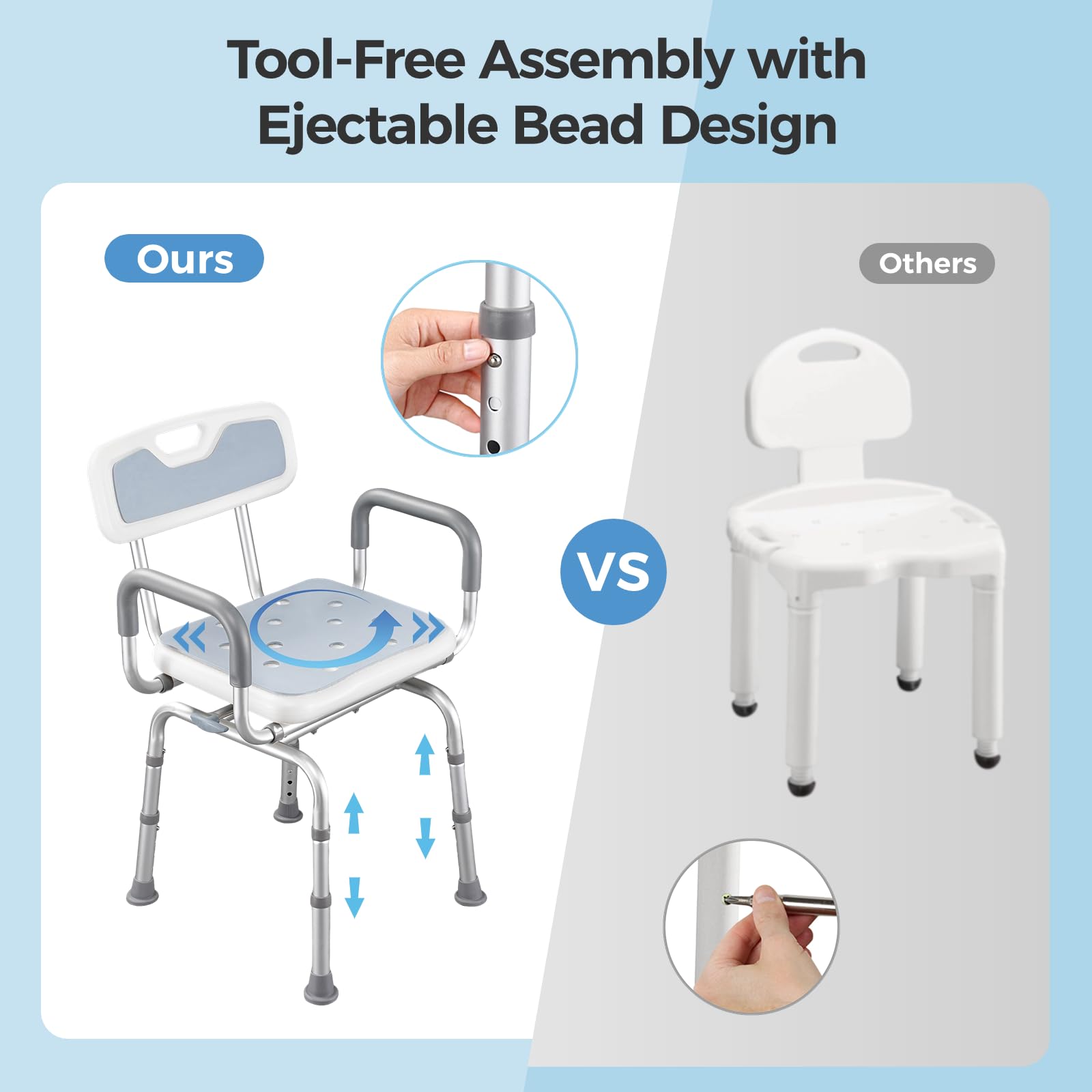 Silla de ducha giratoria con brazos y respaldo, silla de ducha giratoria Hybodies con altura ajustable, taburete de transferencia de bañera antideslizante, taburete ajustable seguro para
