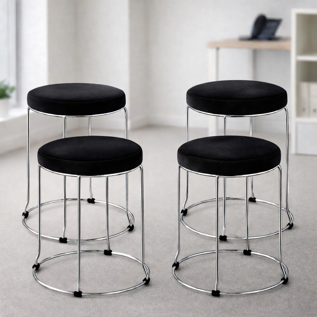 Round Stool with Cushioned Seat & Chrome Metal Frame | Multipurpose Stackable Stool for Home Office Kitchen Café Salon (Set of 4, Black)-image-43