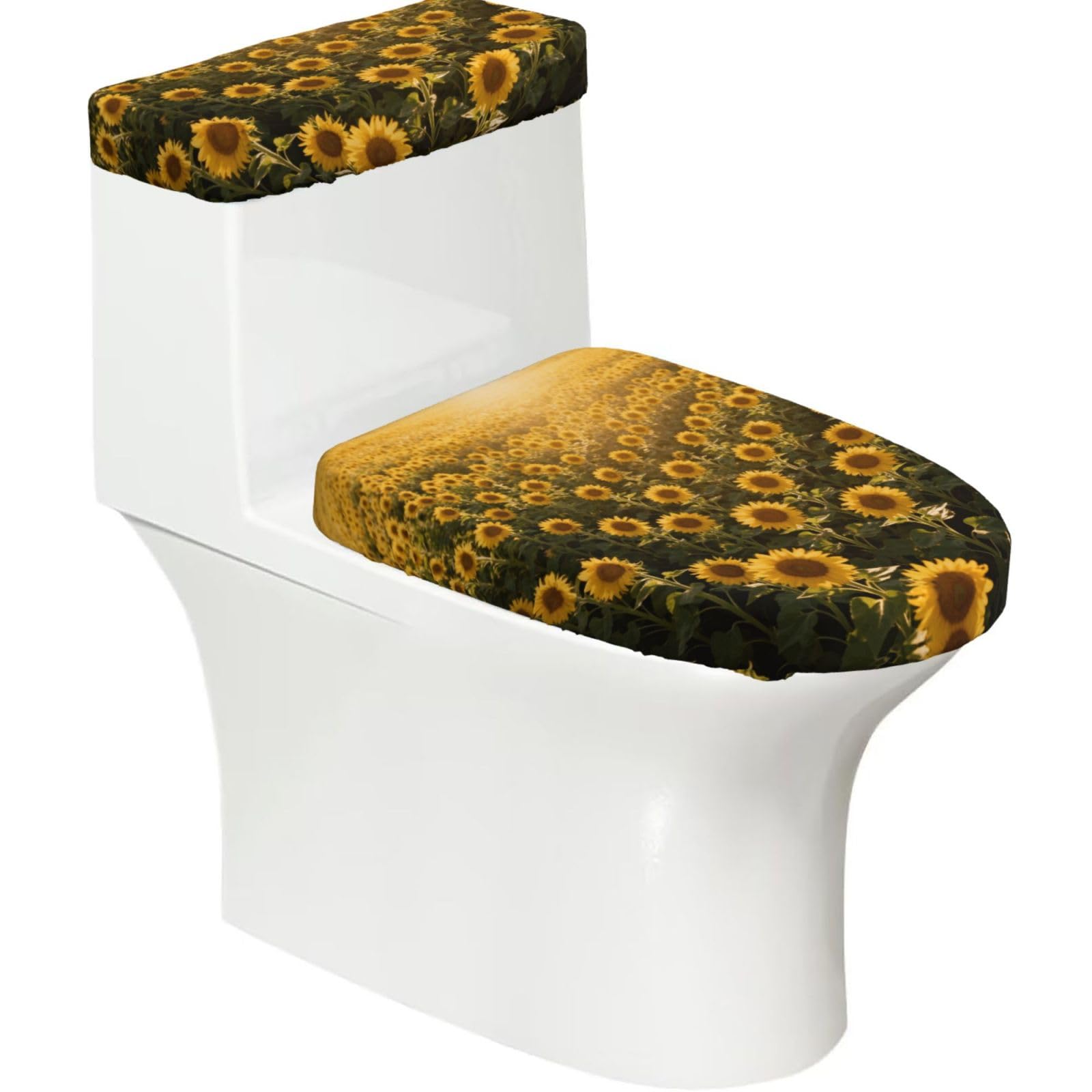 Cntdbu Black Sunflower Field Bloom Stretchy Toilet Lid And Tank Cover Set-Soft Elastic Bathroom Decor For U Shape Oval