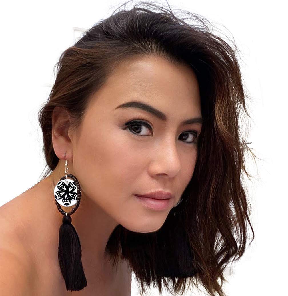 Sunne Tropical Handmade FIMO CLAY Earring hula Hawaiian Polynesia Tribal Tattoo Chandelier Drop Earring (Pretty In PINK) (Black and White)