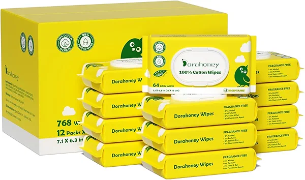 100% USA Cotton Baby Wipes for Sensitive Skin, 99% Purified Water Unscented Wet Wipes, Hypoallergenic & Plastic-Free, 768 Count (12 Flip-Top Packs of 64)