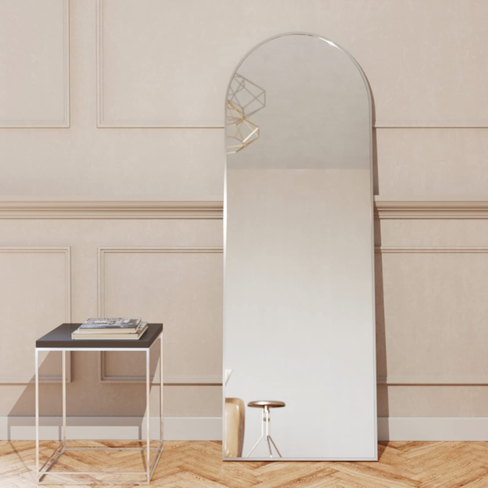 BEAUTYPEAK 58"x18" Full Length Mirror Arch Floor Mirror Wall Mirror Hanging or Leaning Arched-Top Full Body Mirror with Stand for Bedroom, Dressing Room, Silver