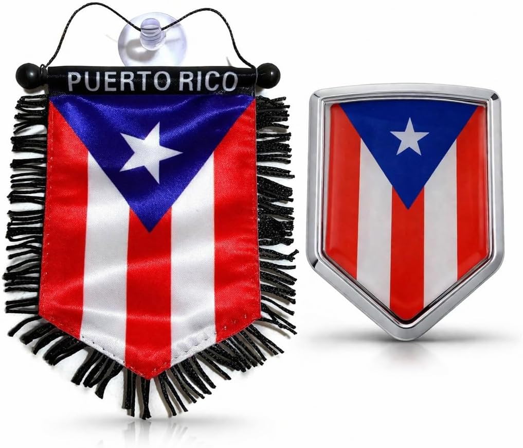 Puerto Rico Flag Car Hanging & PR Shield Emblem Combo Set – 2PCS Boricua Auto Accessories | Rearview Mirror Hanging Flag + Car Badge Decal | Puerto Rican Pride Car Decor