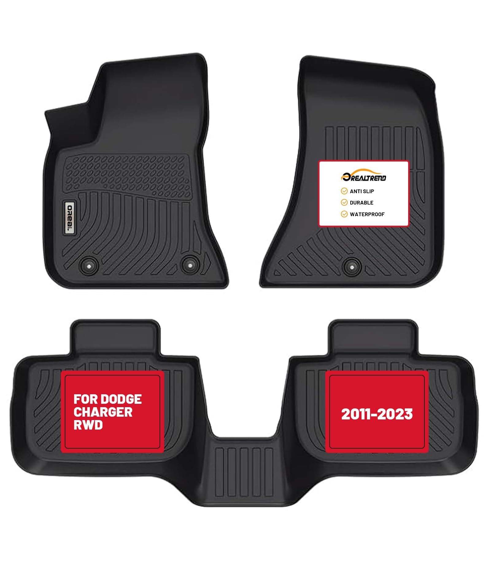 orealtrend Car Floor Mats Compatible with 2011-2023 Dodge Charger RWD/Chrysler 300 RWD Heavy Duty All Weather Liners Guard Black Front Rear Carpet Custom Fitted Odorless Anti Slip-NOT for AWD