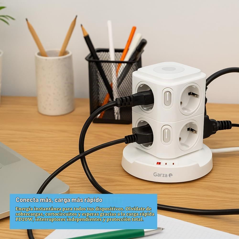 Garza - Regleta Torre 11 en 1 con 8 Enchufes Schuko, 2 USB-C y 1 USB-A, Carga Rápida, Luz Nocturna Regulable, Interruptores Individuales y Protección contra Sobrecargas y Cortocircuitos, Blanco