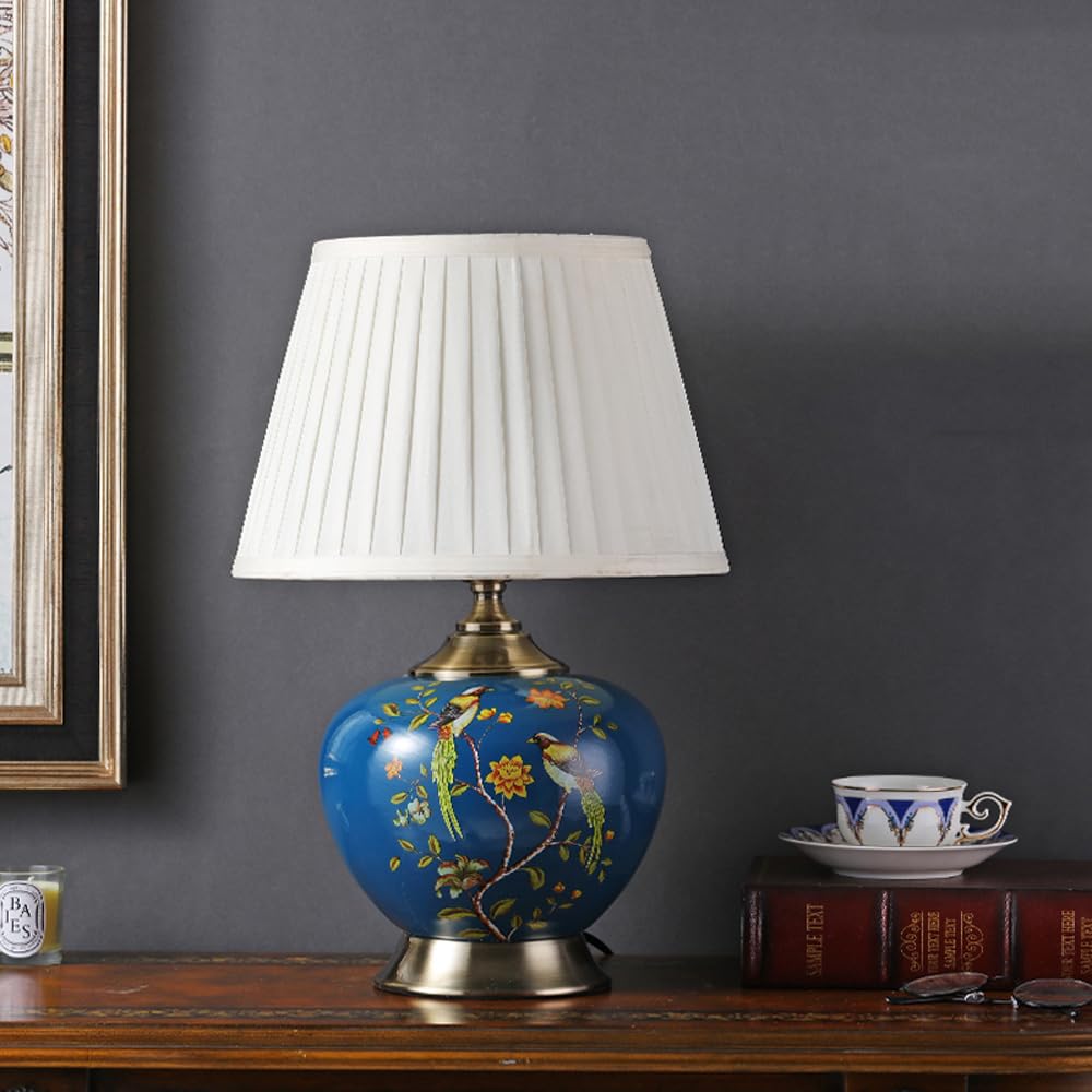 SANBDDLYY Charming Blue Ceramic Table Lamp Floral Design - Retro Mid Century Nightstand for Bedroom, Living Room, and Office(Blue,Fabric Shade)