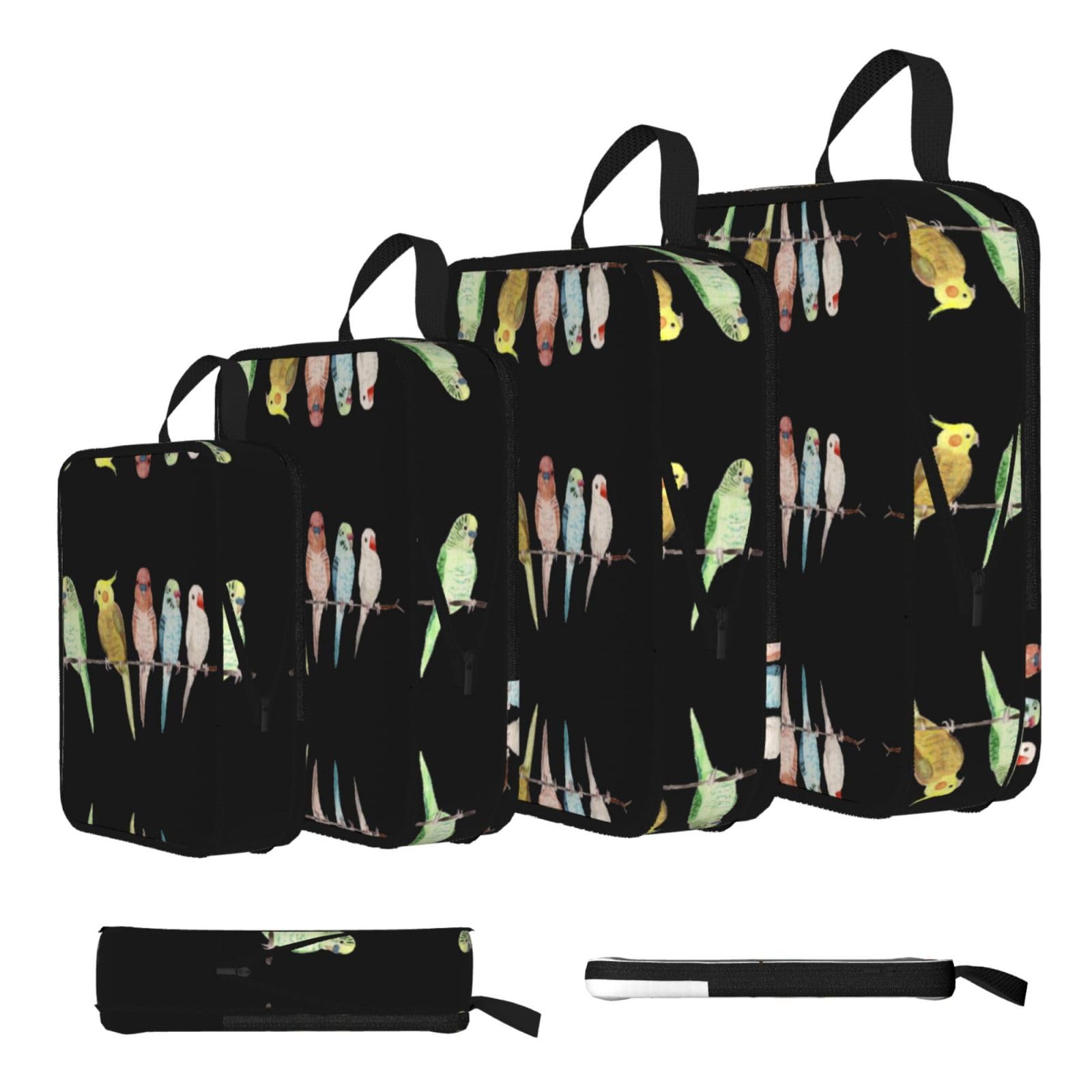 Colorful Parrots On Tree Print Compression Packing Cubes 4-Piece Set With Multi- Compartment Travel Bag, Waterproof Suitcase Organiser Bags