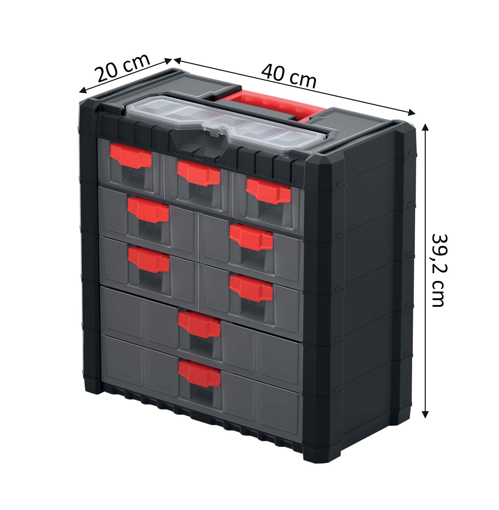Organizer do skrzynki narzędziowej | Przenośny z uchwytem | Możliwość układania w stos | Wiszący | 9 szuflad z systemem blokującym | 40 x 20 x 39,2 cm | wykonany z wytrzymałego tworzywa sztucznego