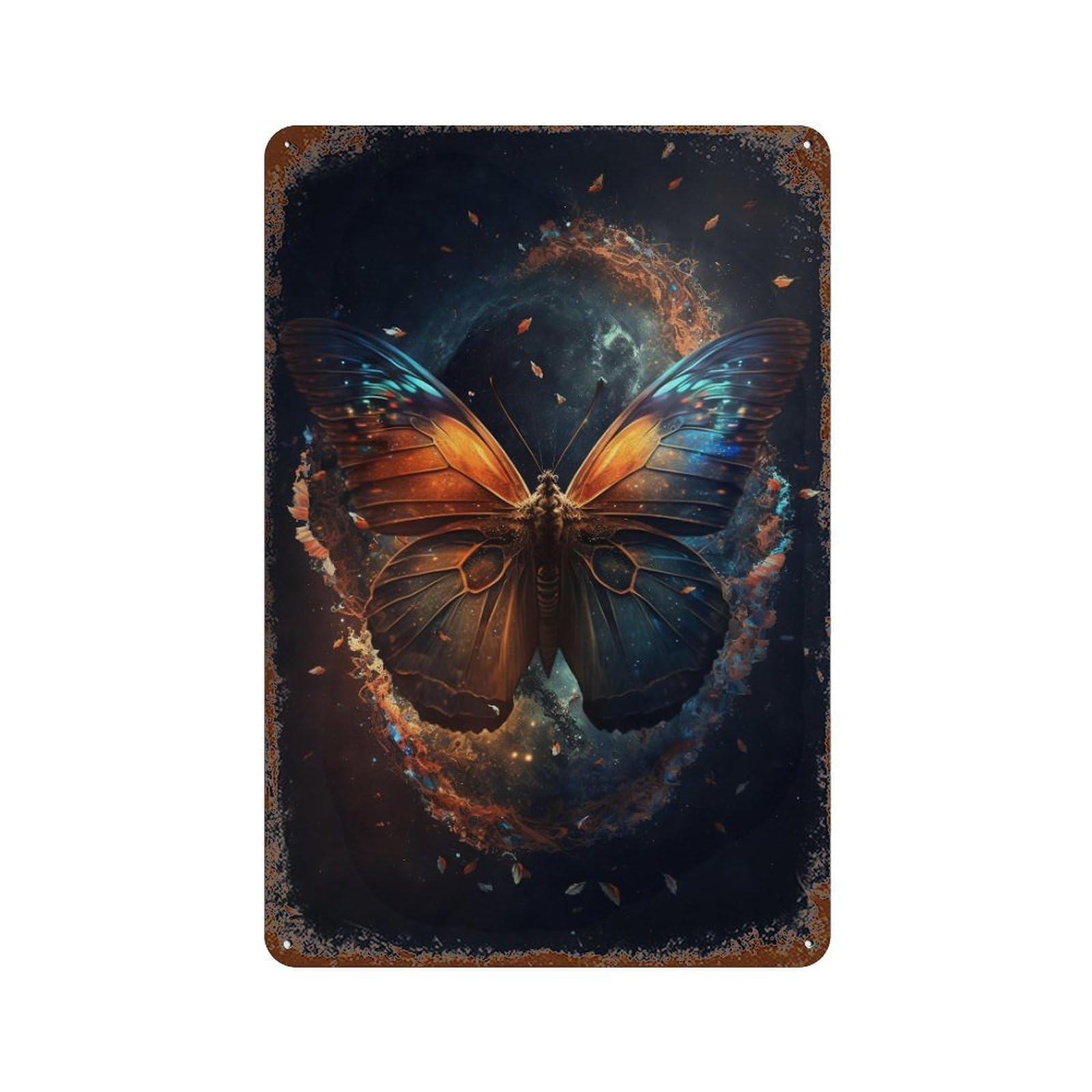 Galactic Butterfly Art Print Weathered Tin Sign 11.8"x7.9", Rustic Home Decor for Garage, Pub Or Kitchen