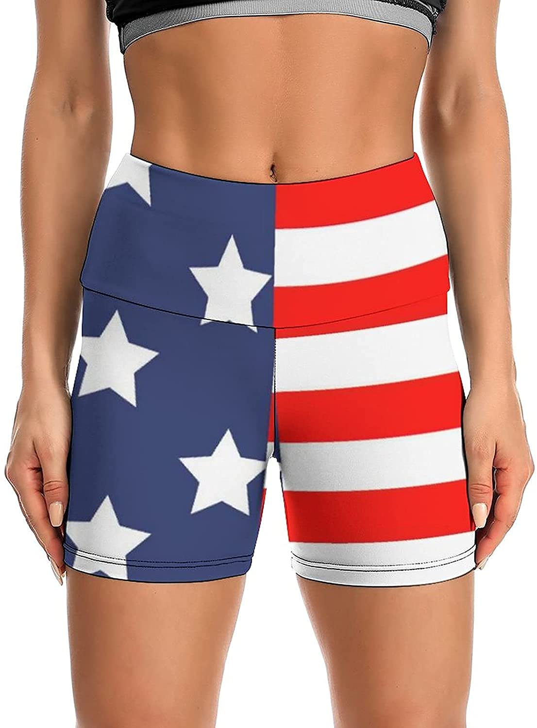 Women's Yoga Short High Waisted USA Flag 4th July Patriotic Shorts Cross Waist Workout Biker Running Sport Shorts