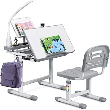 COSTWAY Kids Study Desk and Chair Set, Adjustable Children's Table with Eye-protection Lamp, Bookstand, Tilted Desktop, Ideal for Writing, Reading and Drawing Grey