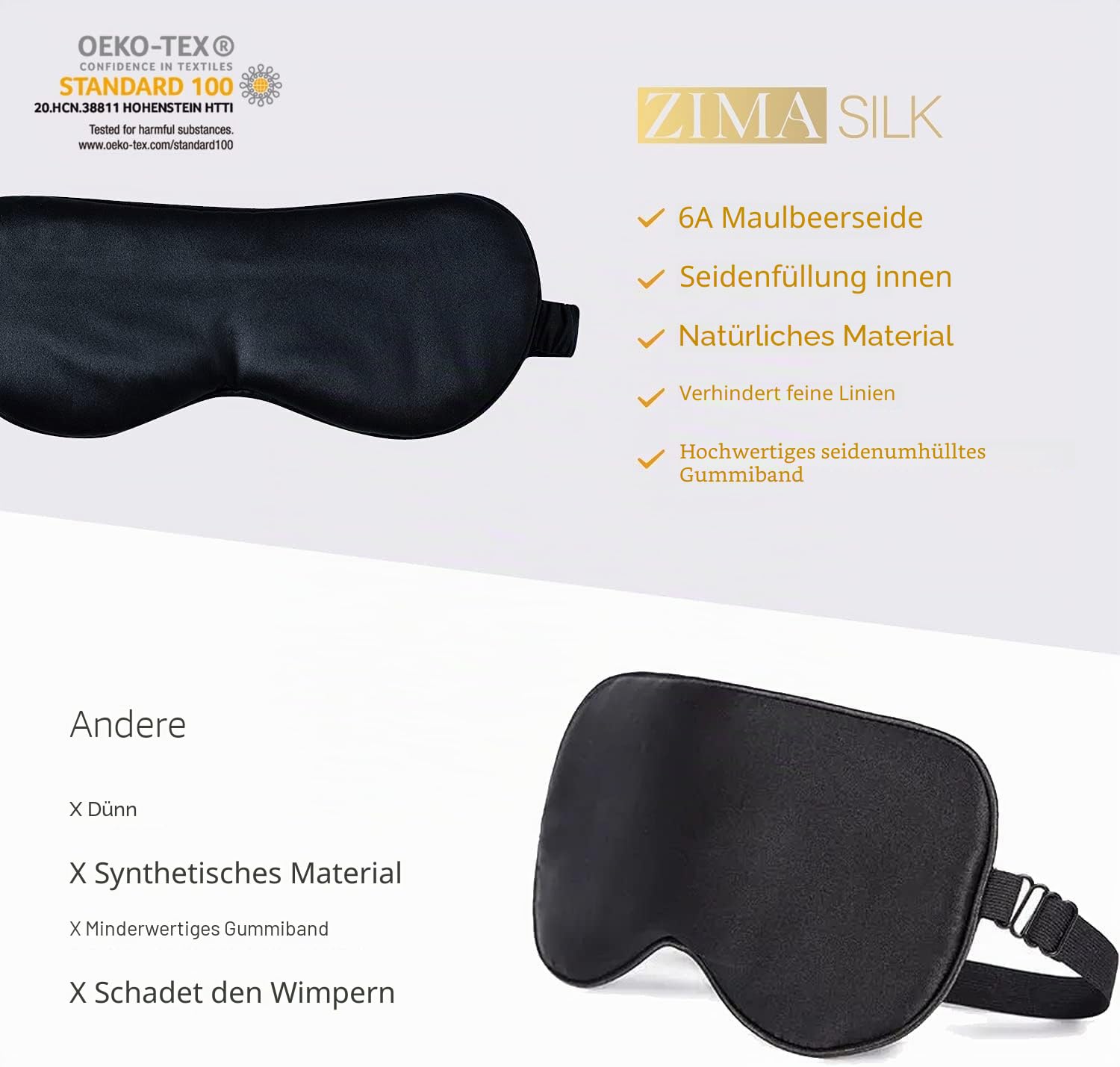 ZIMASILK Schlafmaske aus 100% reiner Maulbeerseide, mit einer Stärke von 22 Momme, gefüllt mit 100% Maulbeerseide, Befestigungsband aus Seide, extrem weiche und bequeme Schlafmaske, Schwarz