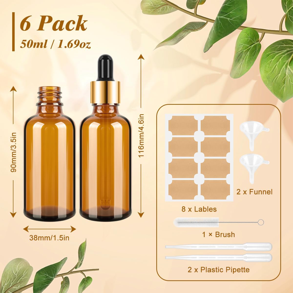 Szklane butelki z zakraplaczem, pipeta 50 ml z lejkami, etykiety, wielokrotnego użytku, bursztynowe butelki na perfumy, olejki eteryczne, mieszanki aromaterapeutyczne