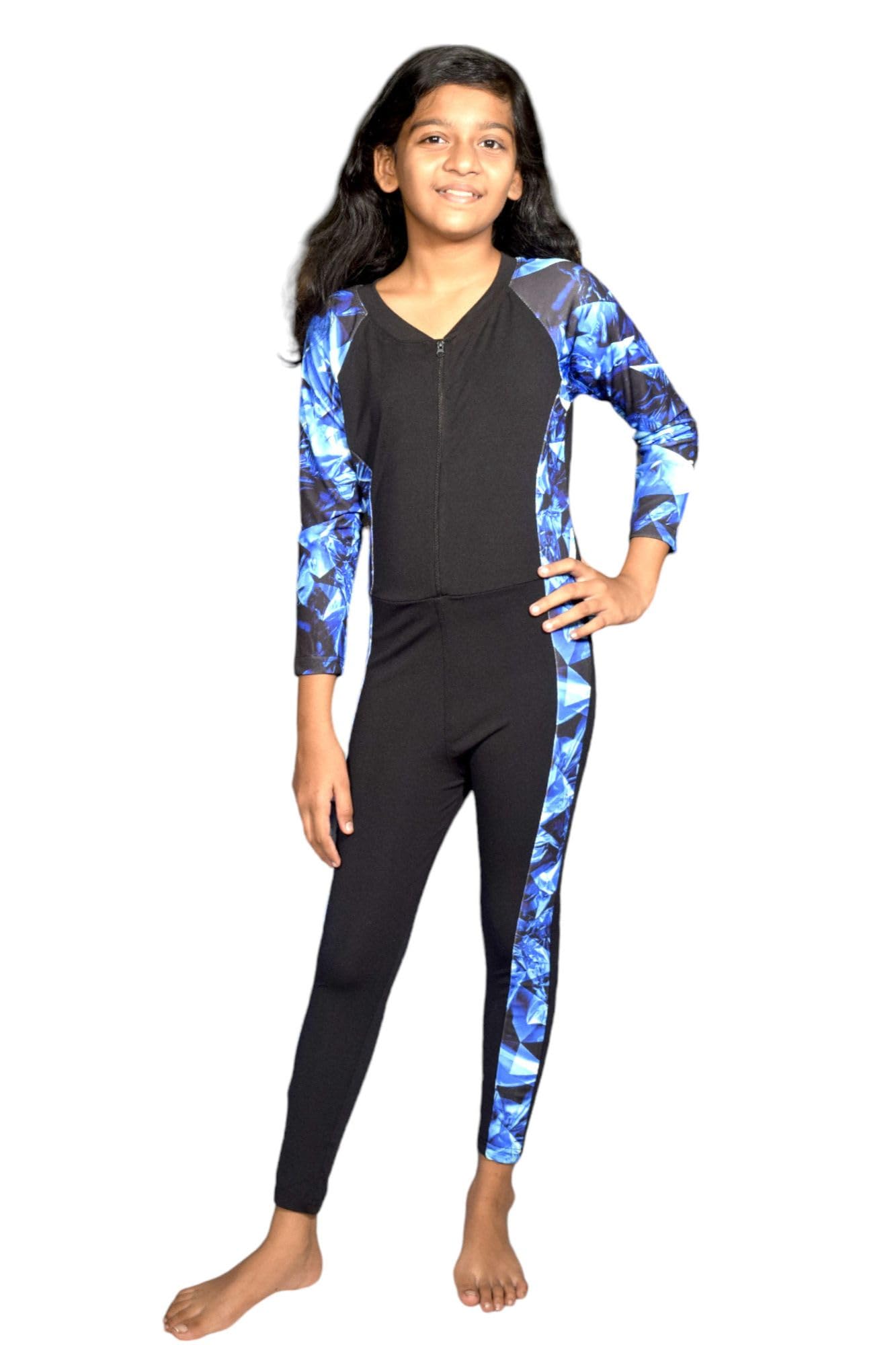 Regular Fit Spandex Printed Full Sleeves Swim Suit for Girls | Swimming Suit | Adjustable, Breathable, Quick Drying Swim Suit for Swimming, Yoga, Gym Waterpark (G-Fullsuit(BlueDimond) 22)-image-1