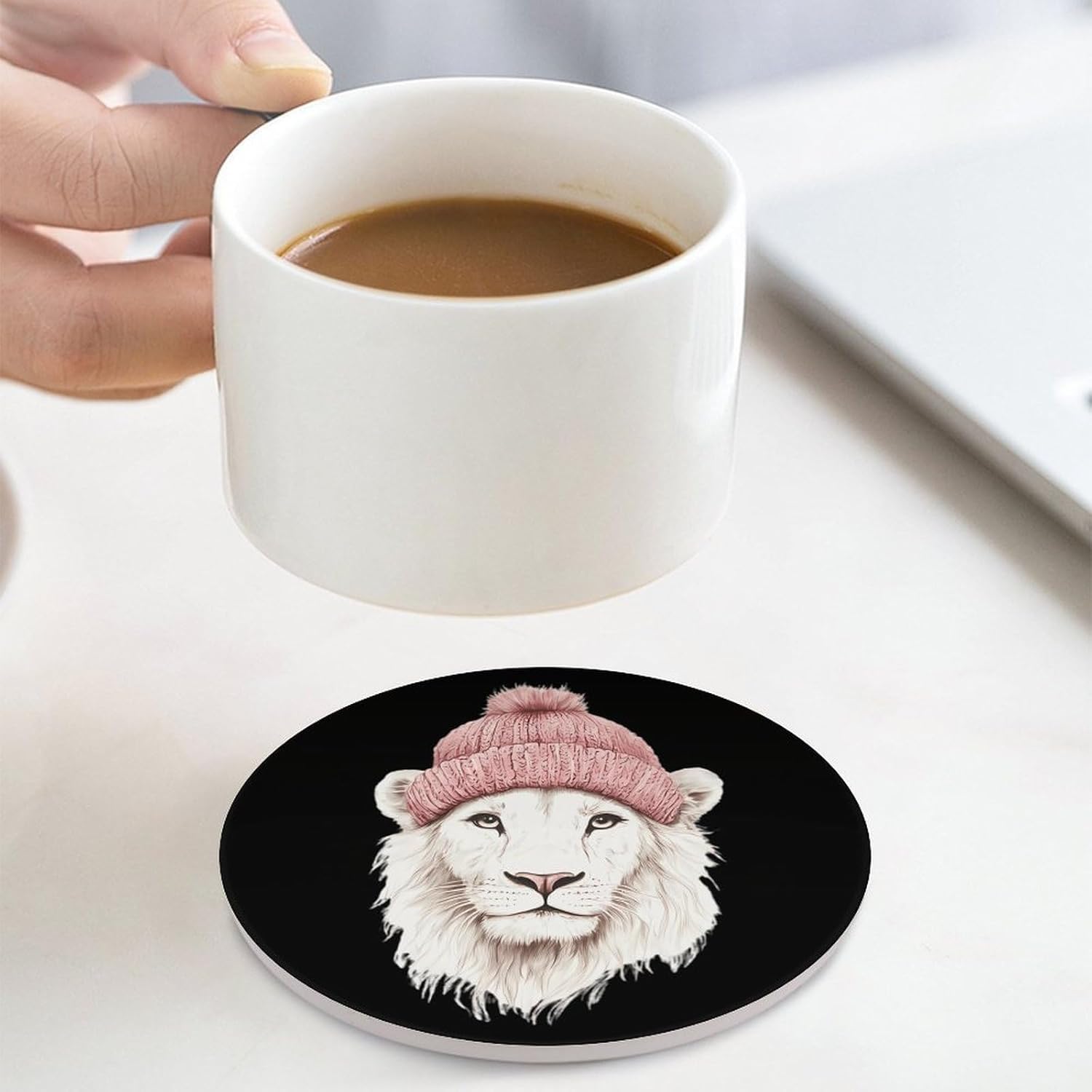 White Lion Wearing Hat Round Ceramic Coasters for Drinks Absorbent Cup Holder Tabletop Protector with Cork Base