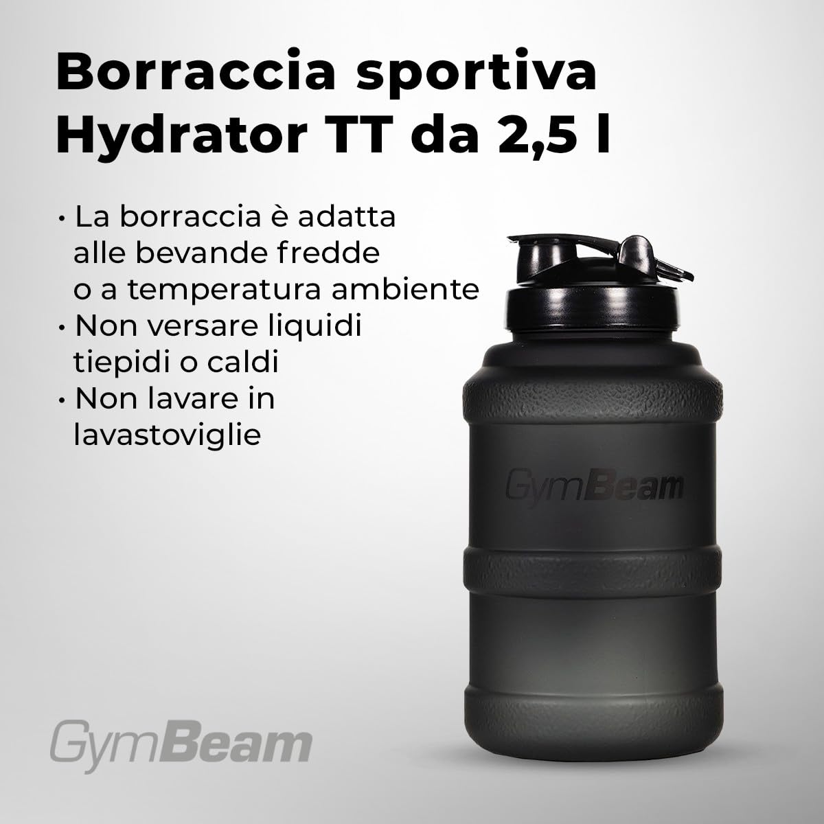 GymBeam Borraccia Sportiva Hydrator TT da 2.5L - Accessorio Fitness Trendy, Borraccia Acqua con Elegante, Borraccia Sport Innovativa con Coperchio e Collo Stretto (Nera)