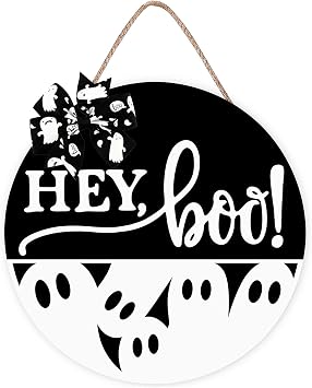 Halloween Door Sign Ghost Decor - Hey Boo Spooky Wall Decor - Wooden Front Door Decorations Hanger Wreath with Bow for Halloween Decorations Indoor Party Supplies