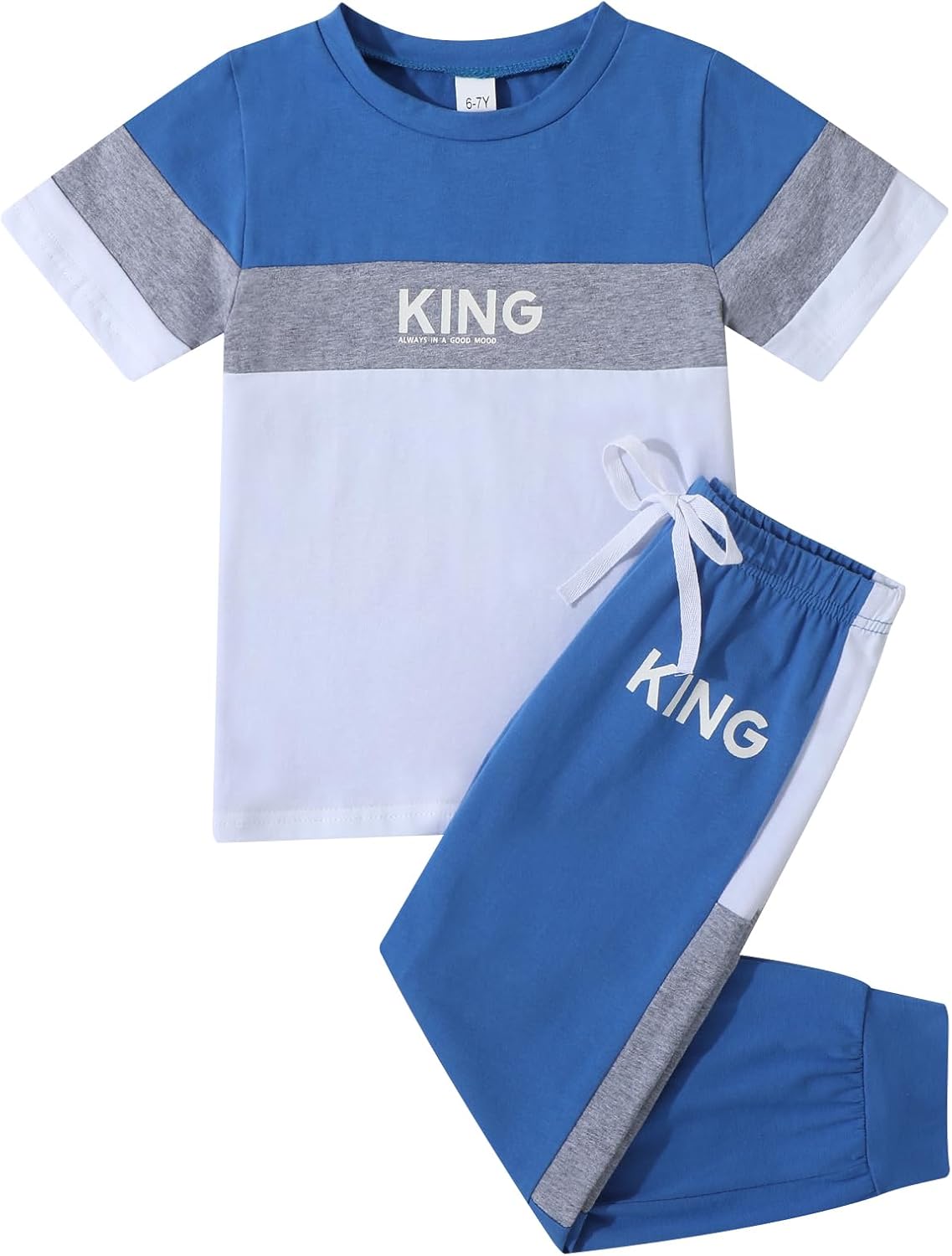Axumity Kid Young Boy Clothes Outfits Casual Crew Neck Colorblock Short Sleeve Top 2pc Fall Pants Set