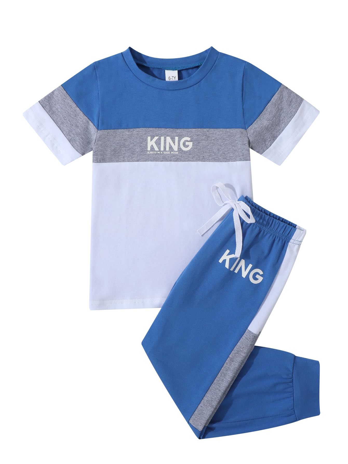 Axumity 6-12 Years Kid Boys Clothes Outfits Casual Crew Neck Colorblock Short Sleeve Top Fall Pants Set
