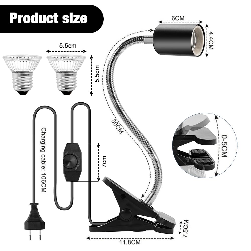 mizikuu Lámpara para Tortuga, Lámpara de Reptiles y Anfibios con 2 Bombillas de Luz Solar UVA UVB 50W Temperatura Ajustable 360° Giratorio Lampara para Tortuga, Lagartos, Serpientes, Camaleones